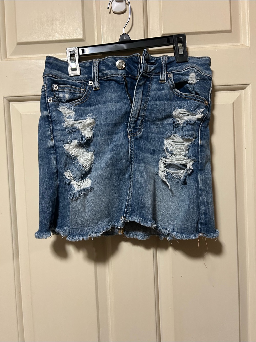 American Eagle Outfitters Light Blue Distressed Denim Mini Skirt